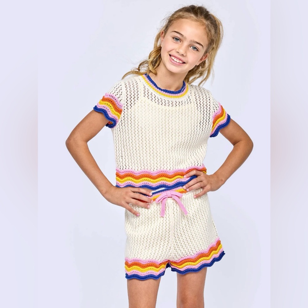 NEW Tween Wave Colorblock Scallop Crochet Short Set Hannah Banana cotton blend
